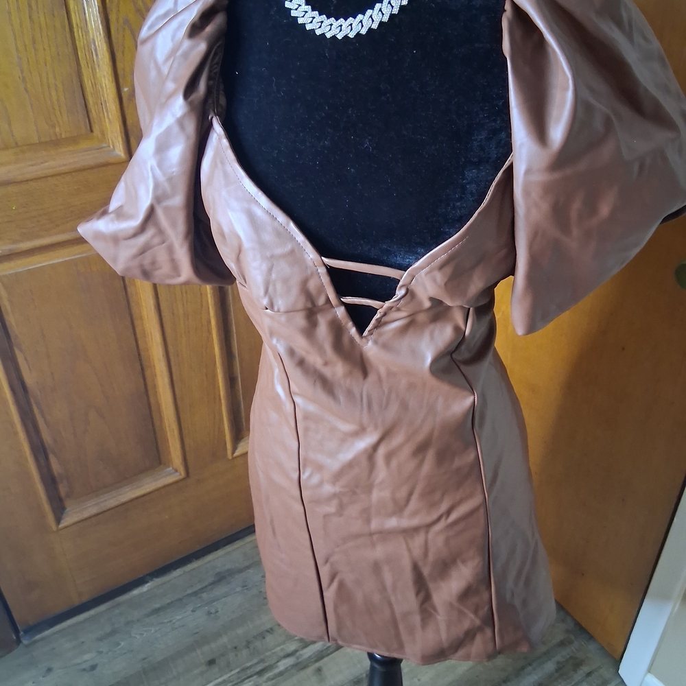 Fashion Nova Brown Puff-Sleeve Faux Leather Mini Dress - Picture 3 of 3